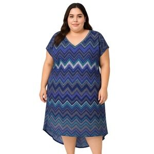 Christine Alexander 4X Blue Teal Chevron High Low Shift Dress Plus Size V Neck